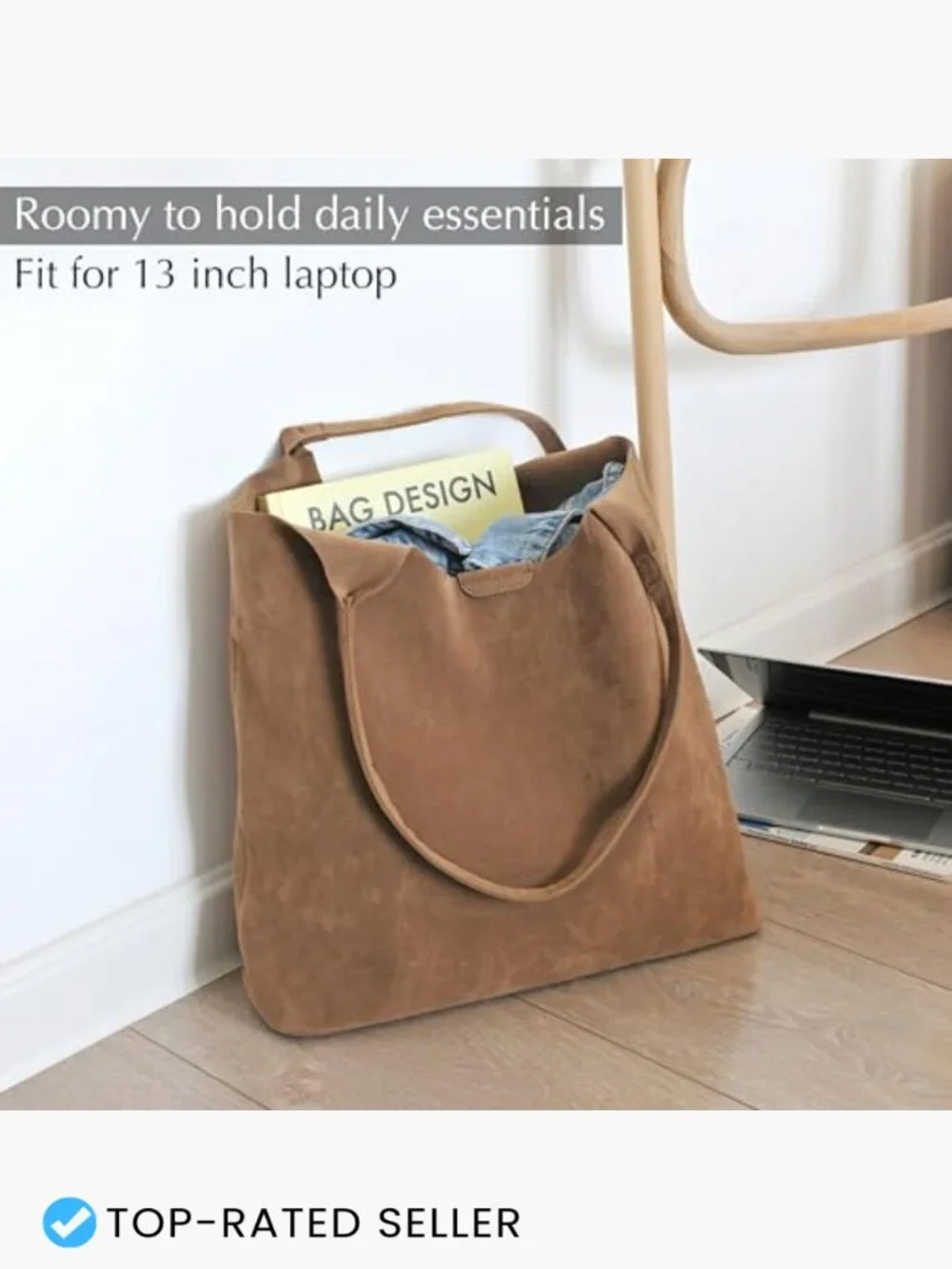 Faux Suede Tote Bag Slouchy Hobo Shoulder Handbag Casual Minimal Chic Everyday